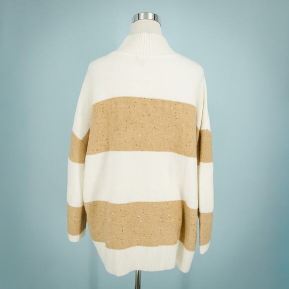 Talbots Plus Size 3X White Tan Sequin Stripe Mock Turtleneck Wool Blend Sweater - Picture 4 of 7